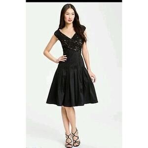 Adrianna Papell Black Nude Lace Pleated Dress SZ 6P